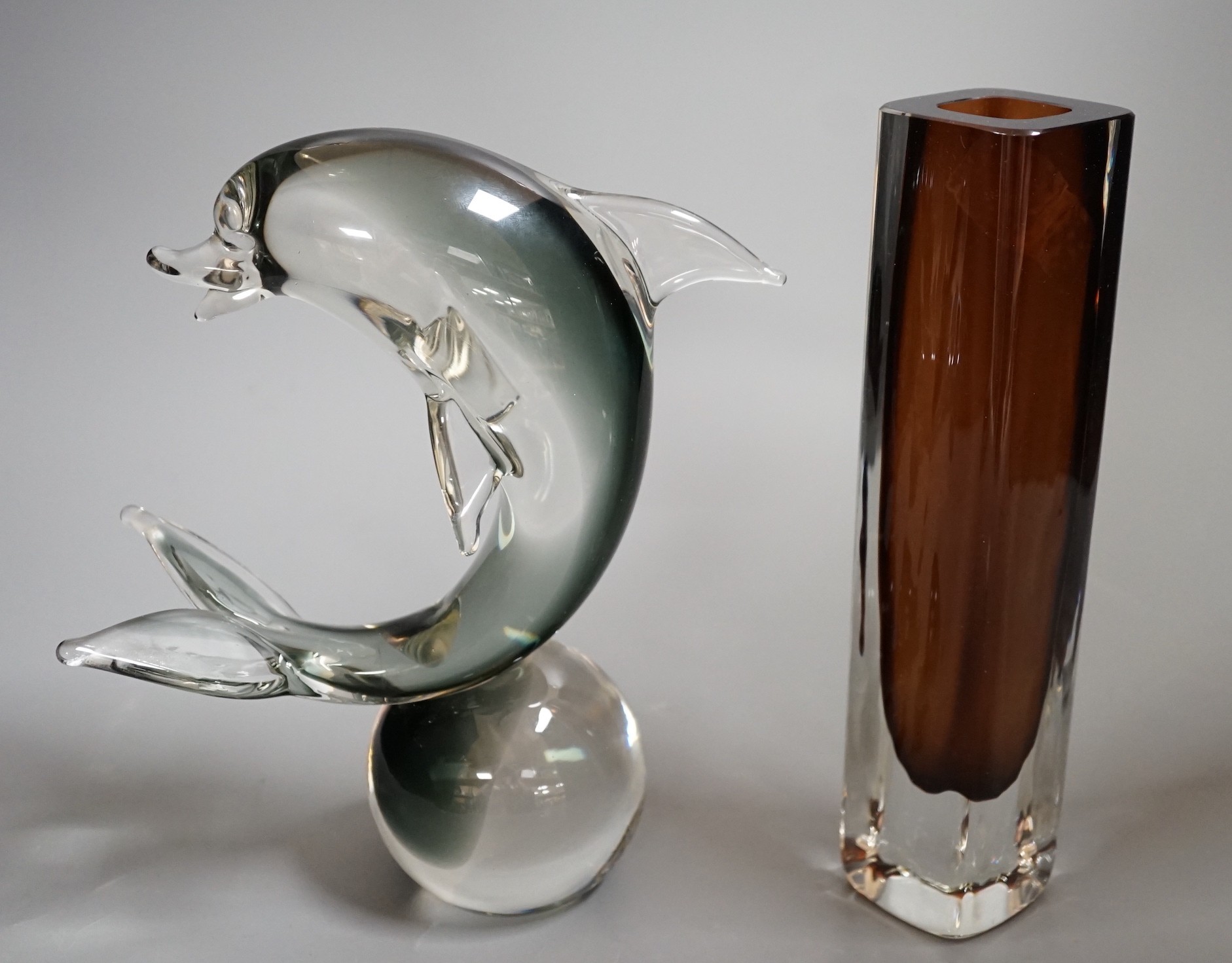 A V. Nason, Murano glass dolphin figure and a Sommerso style vase, vase 12.5cm high